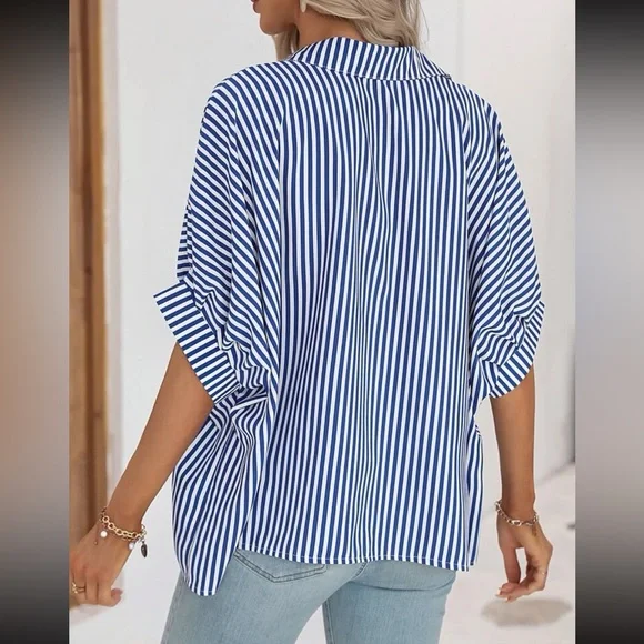 Classic Oversized Loose Fit Stripe Batwing Sleeve Button Down Shirt Top Blouse - Picture 2 of 14